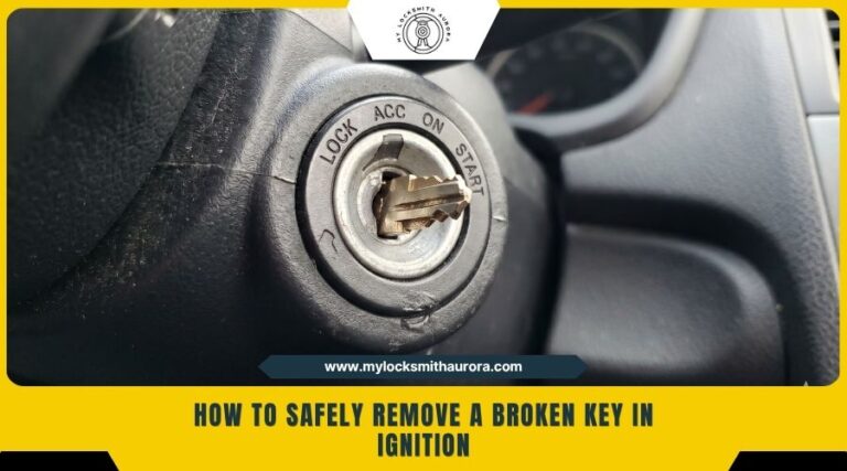 brokenkeyinignition My Locksmith Aurora A close-up view of a broken metal car key stuck deeply inside a vehicle's ignition cylinder.