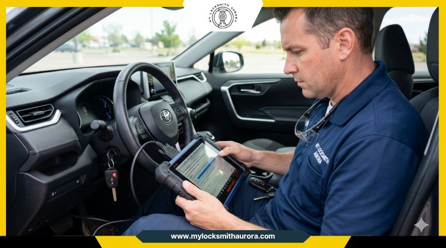 An auto locksmith using a specialized diagnostic scanner tablet to program a new transponder car key.