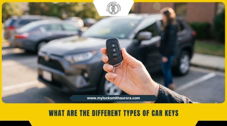 A person holding a modern car key fob with a blurred vehicle in the background, representing different types of car keys.