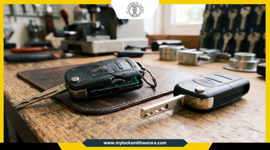 A close-up of a damaged aftermarket car key fob highlighting the importance of durable OEM replacement keys.