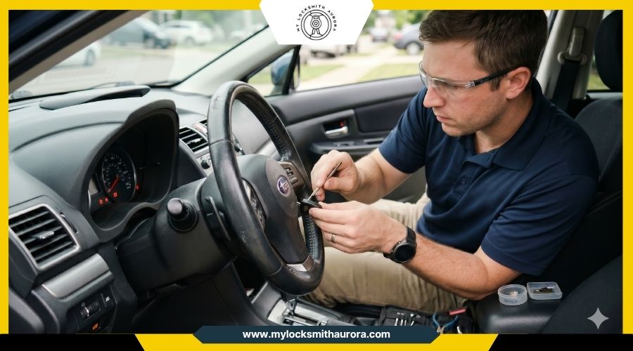 A certified automotive locksmith carefully extracting a broken key fragment from a car's steering column.