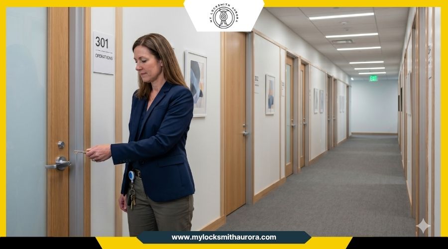 masterkeysystemofficedoors My Locksmith Aurora A commercial office hallway representing a master key system where one key controls multiple doors.
