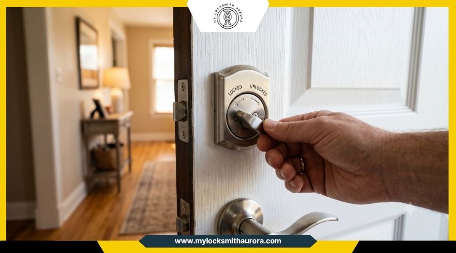 singlevsdoublecylinderdeadbolt My Locksmith Aurora A single cylinder deadbolt showing the interior thumb turn mechanism for quick emergency exits.