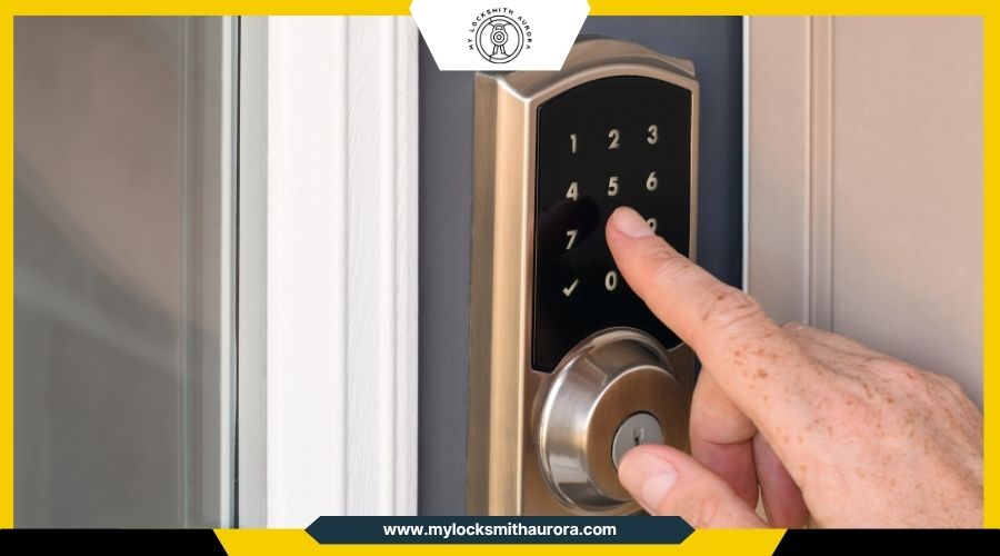 weatherratedsmartlockkeypad My Locksmith Aurora A weather-rated smart electronic keypad lock installed on a home entryway door.